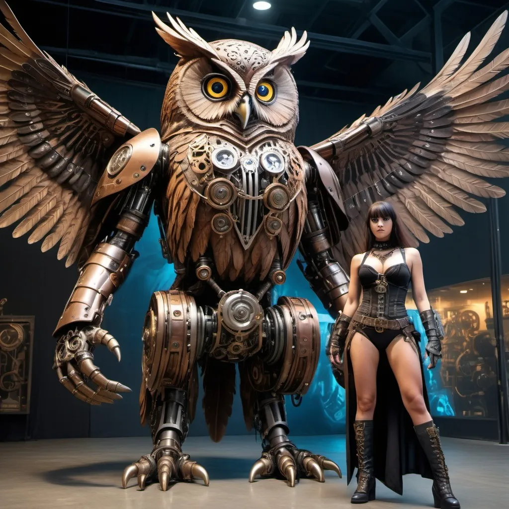 Prompt: Giant owl with a muscular human body, 20-foot-tall steampunk outfit, facing a 5-foot-tall female cyberpunk warrior, intense combat, highres, detailed feathers, intricate steampunk design, cybernetic enhancements, intense confrontation, dramatic lighting, large-scale, epic fantasy, intense gaze, steampunk vs cyberpunk, combat-ready