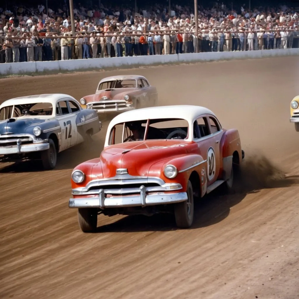 Prompt: Color image of intense dirt track car racing in usa in the early 1950s. Have many cars in the image with most of them having dents and other damages after collisions. Have a wercked car on the side of the track 