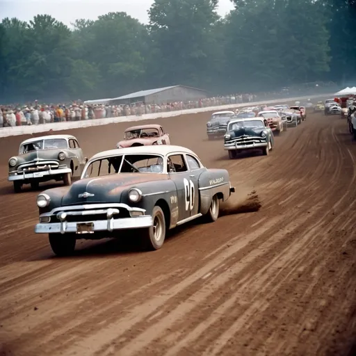 Prompt: Color image of intense dirt track car racing in usa in the early 1950s. Have many cars in the image with most of them having dents and other damages after collisions