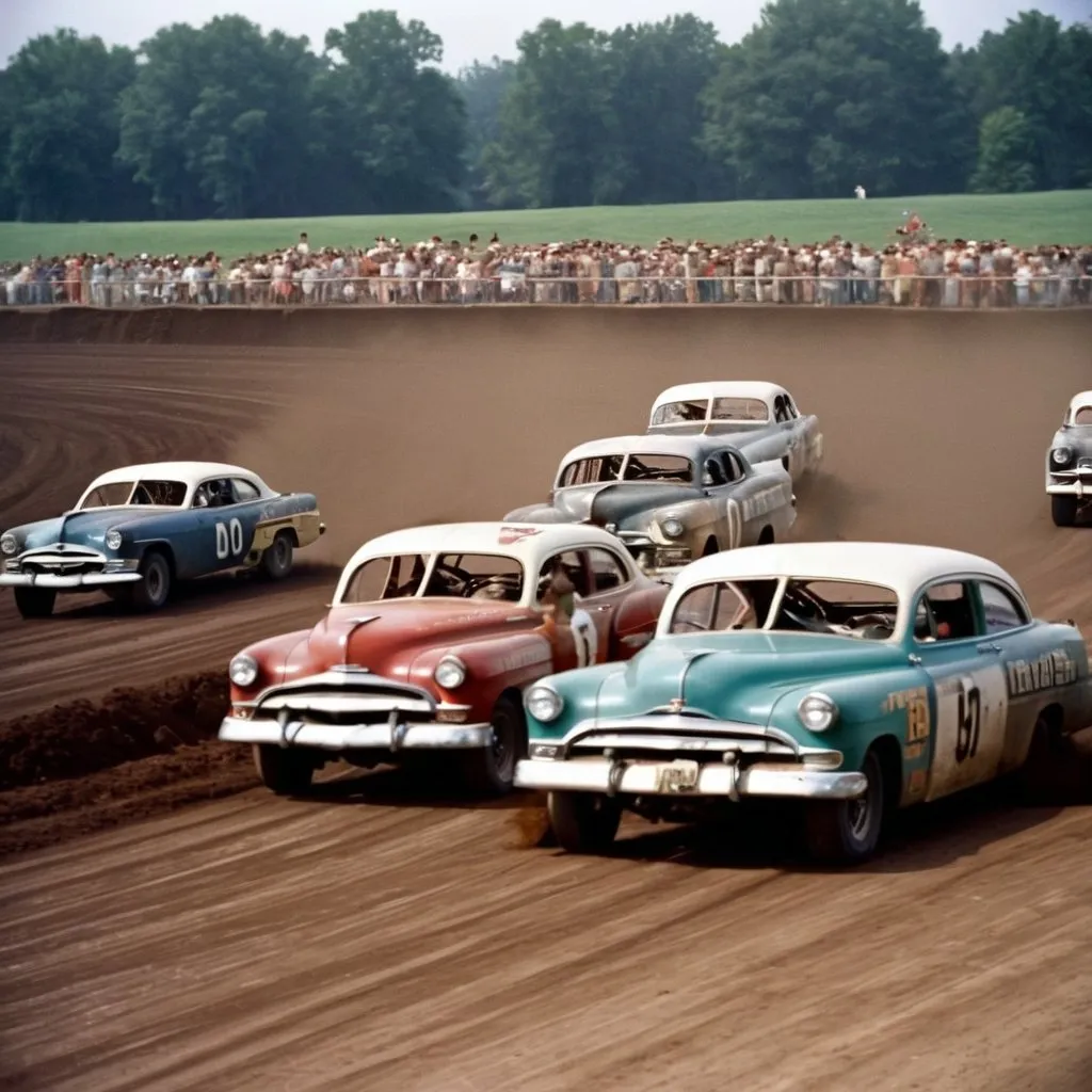 Prompt: Color image of intense dirt track car racing in usa in the early 1950s. Have many cars in the image with most of them having dents and other damages after collisions. Have a wrecked car on the side of the track. Have drivers in all cars