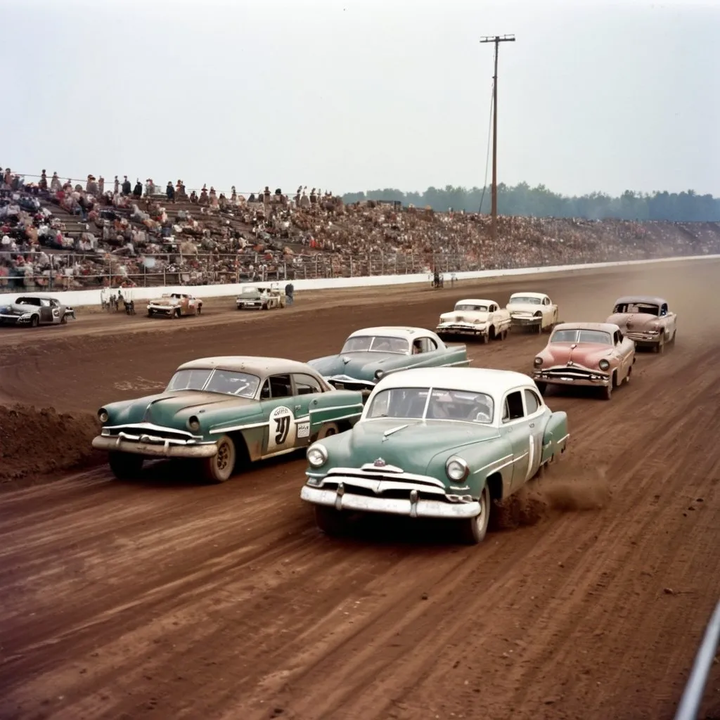 Prompt: Color image of intense dirt track car racing in usa in the early 1950s. Have many cars in the image with most of them having dents and other damages after collisions. Have a wrecked car on the side of the track 