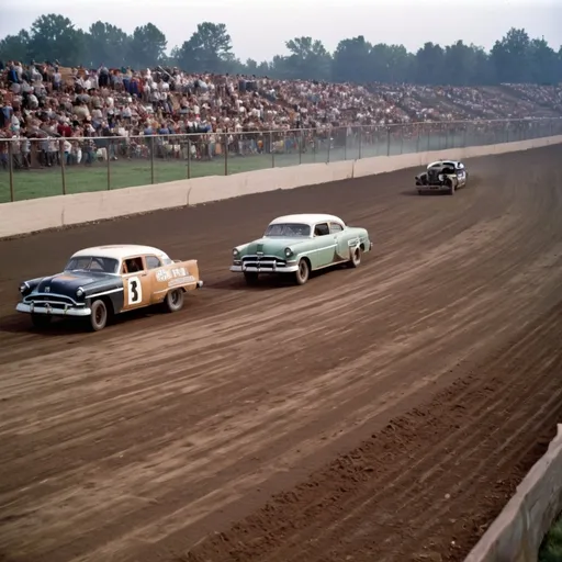 Prompt: Color image of intense dirt track car racing in usa in the early 1950s. Have many cars in the image with most of them having dents and other damages after collisions. Have a wrecked car on the side of the track. Have drivers in all cars
