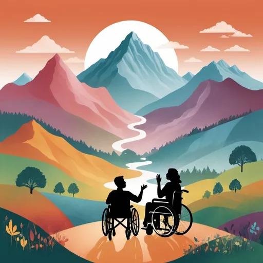 Prompt: "Create a digital artwork featuring a mountain landscape with the text 'Karuna Care Services' prominently integrated. The mountains should be composed of diverse human silhouettes, symbolizing individuals with disabilities. Above them, depict sound waves or speech bubbles, some of which are faded, to represent unheard voices in society. Use a color palette transitioning from muted tones at the base to vibrant colors at the peaks, illustrating the journey toward disability inclusion and equality. Incorporate universal symbols of accessibility, such as wheelchair icons or sign language hands, throughout the landscape to emphasize the theme of empowerment and representation." This description provides clear guidance for creating an AI-generated artwork that captures the essence of disability inclusion and the mission of Karuna Care Services.