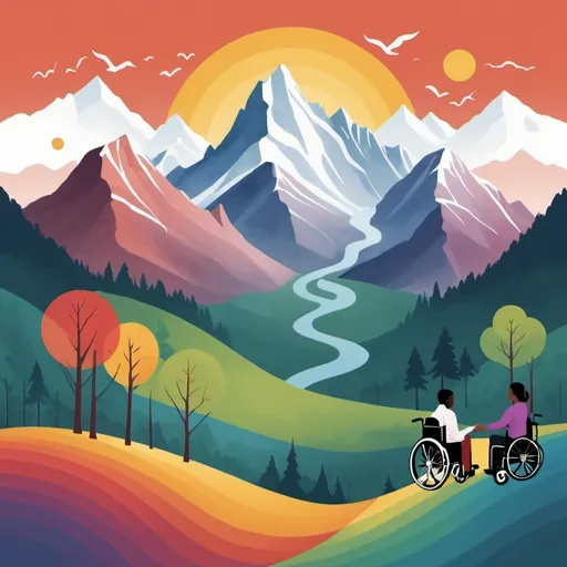 Prompt: "Create a digital artwork featuring a mountain landscape with the text 'Karuna Care Services' prominently integrated. The mountains should be composed of diverse human silhouettes, symbolizing individuals with disabilities. Above them, depict sound waves or speech bubbles, some of which are faded, to represent unheard voices in society. Use a color palette transitioning from muted tones at the base to vibrant colors at the peaks, illustrating the journey toward disability inclusion and equality. Incorporate universal symbols of accessibility, such as wheelchair icons or sign language hands, throughout the landscape to emphasize the theme of empowerment and representation." This description provides clear guidance for creating an AI-generated artwork that captures the essence of disability inclusion and the mission of Karuna Care Services.