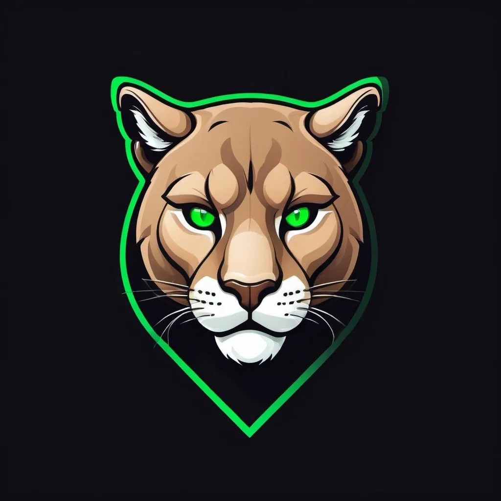 Prompt: Stylized cartoon cougar mascot, vector flat logo, simple lines, cartoon illustration, black backdrop, green LED behind the head