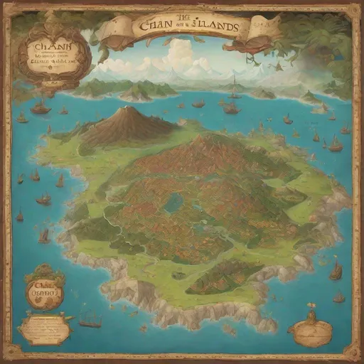 Prompt: a map of a chain of islands with small towns nestled in between rolling hills. looming over the islands a volcano sits half in the water and half on land. on the largest island there is a cove with a bustling port town/city. the map is themed from the 1400s