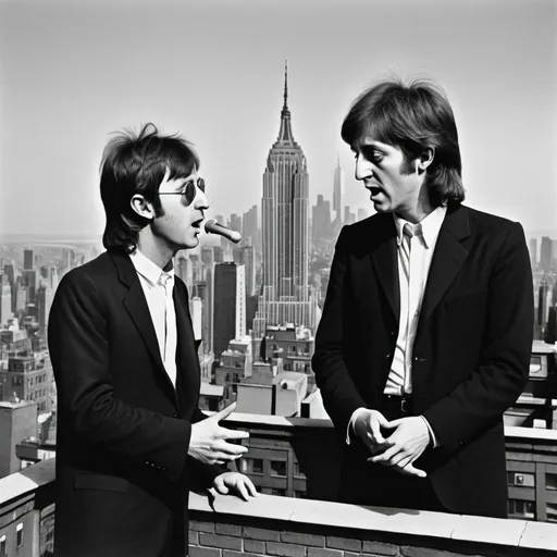 Prompt: Create a max ernst inspired paul mccartney and john lennon singing in 1980 in a new york city rooftop.