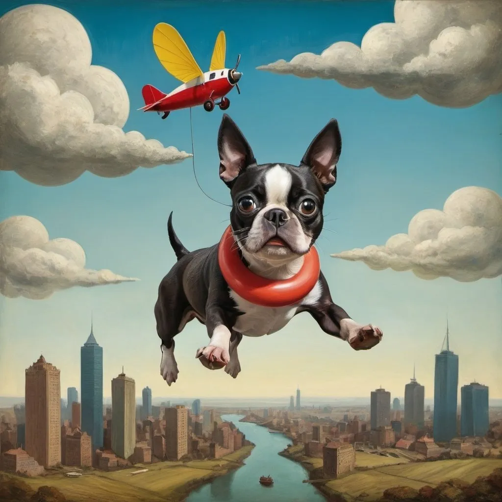 Prompt: Create a max ernst inspired Philippine scene of a boston terrier flying over the country with a toy in its mouth.