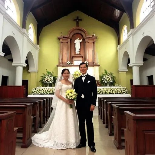 Prompt: Picture of jose rizal and josephine bracken wedding inside intramuros chapel.