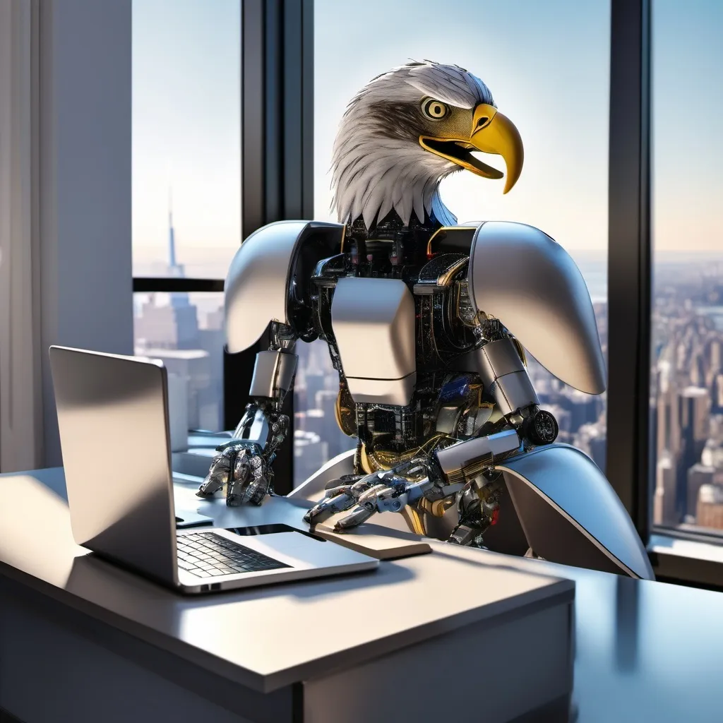 Prompt: an eagle robot sitting at a laptop trading forex stock in a fancy penthouse apartment in New York

