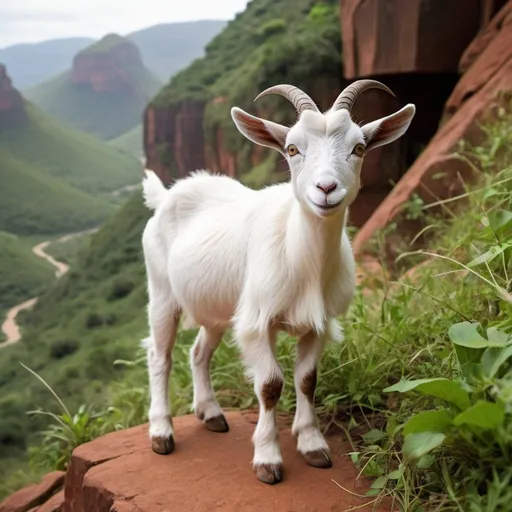 Prompt: in the lush green hills of Venda Land, there lived a curious little goat named Ntanga. With silky white fur and eyes as bright as the morning sun, Ntanga loved to explore the rocky cliffs and winding paths of her homeland.


