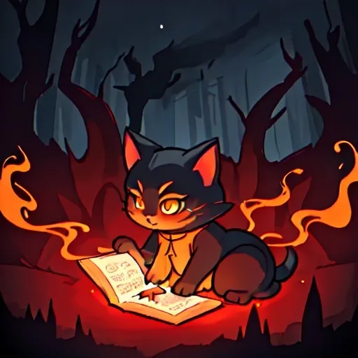 Prompt: Witch cat casting a fire spell, (flames swirling around), glowing eyes, dark enchanted forest, vibrant fire tones (oranges, reds, yellows), mystical atmosphere, moonlit background, (high contrast lighting), magical energy sparks, dramatic shadows, ultra-detailed, 4K, intricate feline details, (eerie yet captivating) mood, spell book floating, ancient tree silhouettes, shining stars in the night sky, ethereal mist, (cinematic quality)