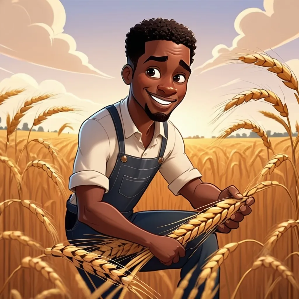 Prompt: Make a cartoon of a black man working in a wheat field but make  it disney