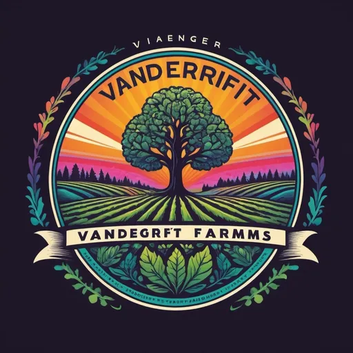 Prompt: (pioneering logo for "Vandergrift Farms"), psychedelic aesthetic, vibrant colors, intricate patterns, organic shapes, surreal imagery, medically-themed elements, harmonious layout, visually striking, bold and energetic, modern design, infused with nature, high contrast, appealing to wellness, playful yet professional tone, thoughtfully created for branding and market appeal.