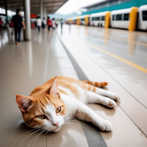 Prompt: Homely cat,bus station,new territories ,people coming and going,far away,long distance ,than the body,lie down