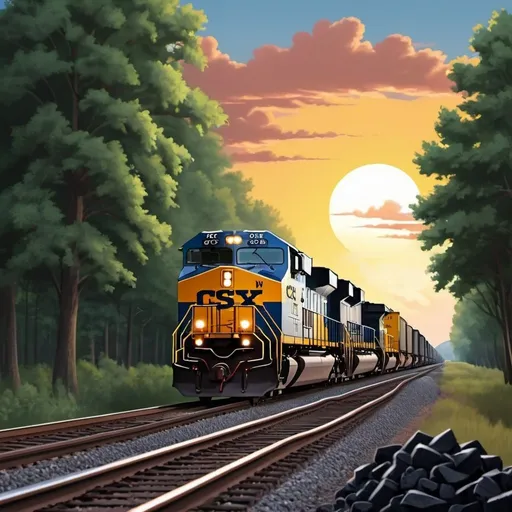 Prompt: CSX freight train pulling coal cars, low angle, sunset, trees in background, cartoon illustration