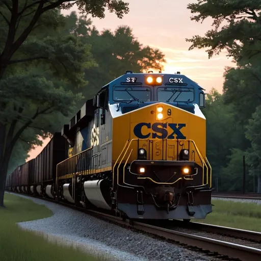 Prompt: CSX freight train, low angle, sunset, trees in background, photorealistic