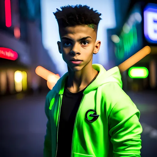 Prompt: High-resolution digital art of a 17-year-old light-skinned boy, wearing a green and black unzipped hoodie revealing a white T-shirt, with the Omnitrix on his wrist, detailed Omnitrix features, vibrant and youthful, 2D rendering, urban street setting, dramatic lighting, intense and focused gaze, futuristic style, cool tones, detailed clothing, best quality, 2D rendering, dramatic lighting