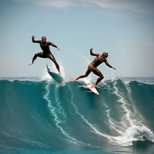 Prompt: 2 best friends swiming in the ocean start seeing humans turn into sharks trying to eat they they have surf boards surfing over the sharks fighting them and drowning but getting up still fighting the community turns sharks and start terrorizing the city