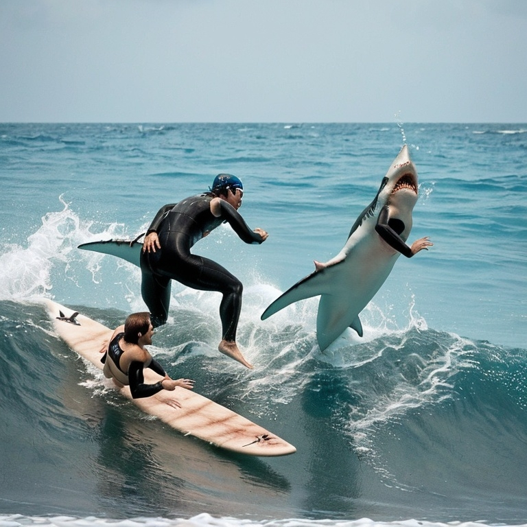 Prompt: 2 best friends swiming in the ocean start seeing humans turn into sharks trying to eat they they have surf boards surfing over the sharks fighting them and drowning but getting up still fighting the community turns sharks and start terrorizing the city