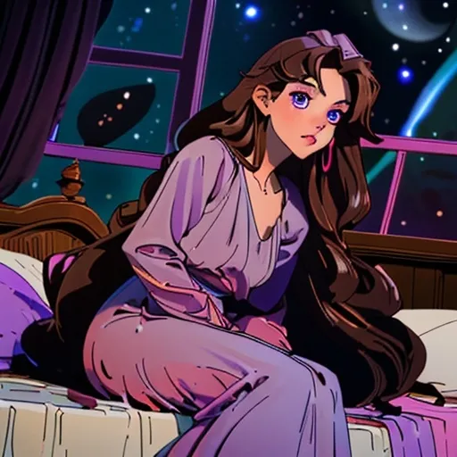 Prompt: Hot brown hair, purple eyes, light pink v neck Long dress, bed in the background, with brown thick comforter, high window with night sky 