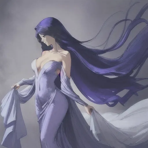 Prompt: A flowing gown in rich shades of deep blue and purple cascades gracefully, its fabric elegantly draping and sweeping across an indistinct background that adds a dreamy, ethereal quality to the scene. Soft, blended colors create a sense of movement, as the gown appears to flutter or swirl gently, emphasizing its delicate texture. The use of light and shadow gives depth, highlighting the gentle curves of the fabric and the contours of the silhouette, while a subtle, misty atmosphere enhances the overall mood of sophistication and allure. This composition captures a moment of grace and elegance, inviting the viewer to imagine the enchanting setting in which this beautiful gown is showcased.