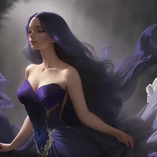 Prompt: A flowing gown in rich shades of deep blue and purple cascades gracefully, its fabric elegantly draping and sweeping across an indistinct background that adds a dreamy, ethereal quality to the scene. Soft, blended colors create a sense of movement, as the gown appears to flutter or swirl gently, emphasizing its delicate texture. The use of light and shadow gives depth, highlighting the gentle curves of the fabric and the contours of the silhouette, while a subtle, misty atmosphere enhances the overall mood of sophistication and allure. This composition captures a moment of grace and elegance, inviting the viewer to imagine the enchanting setting in which this beautiful gown is showcased.