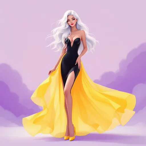 Prompt: A graceful figure with long, flowing, icy white hair winks playfully, dressed in an elegant black dress that hugs her torso before cascading elegantly into a vibrant yellow transparent skirt. She's leaning forward to touch her leg, exuding a charming and confident demeanor, complemented by her bright yellow high heels. The background features soft, muted purples that blend together, creating a dreamlike quality to the scene. The overall style combines whimsical elements with a modern aesthetic, enhancing the lighthearted and flirtatious narrative of the character captured in this vibrant illustration.