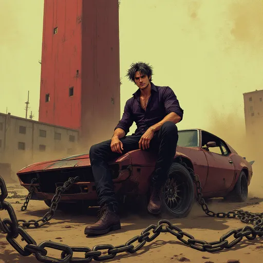 Prompt: Set in a gritty, dystopian landscape, a character with tousled dark grey hair and a confident smirk sits atop a sleek, battered large car that exudes an air of rebellion. Clad in a dark purple shirt and black pants, the figure's relaxed posture contrasts with the harsh surroundings, where a tall, red building looms ominously, its windows partially obscured and uninviting. The muted color palette of browns and yellows creates an unsettling atmosphere, while the tangled chain in the foreground hints at a narrative of confinement or struggle. The scene conveys a sense of defiance and adventure, suggesting that the character is ready to embark on a journey in a world filled with challenges.