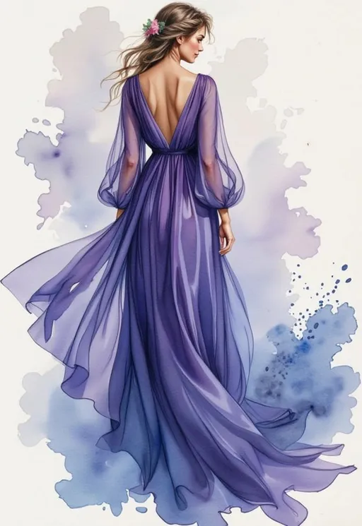 Prompt: A flowing gown in rich shades of deep blue and purple cascades gracefully, its fabric elegantly draping and sweeping across an indistinct background that adds a dreamy, ethereal quality to the scene. Soft, blended colors create a sense of movement, as the gown appears to flutter or swirl gently, emphasizing its delicate texture. The use of light and shadow gives depth, highlighting the gentle curves of the fabric and the contours of the silhouette, while a subtle, misty atmosphere enhances the overall mood of sophistication and allure. This composition captures a moment of grace and elegance, inviting the viewer to imagine the enchanting setting in which this beautiful gown is showcased.