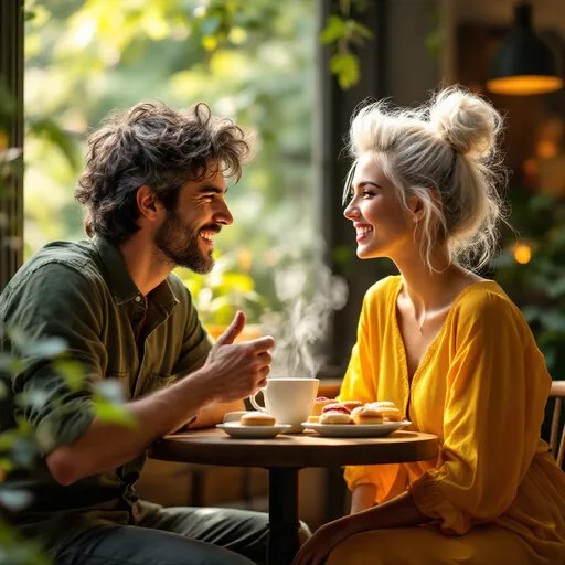 Prompt: In a cozy café setting filled with warm light, a young man and woman sit across from each other at a small table, their faces radiating joy and contentment. The man, with tousled dark gray hair, wears a casual green shirt, while the woman sports a chic, messy updo white hairstyle coupled with a vibrant yellow dress, accentuating her bright smile and expressive features. Steam rises from a white cup of coffee placed at the center of the table, surrounded by an array of colorful pastries, hinting at a delightful experience shared between them. The inviting atmosphere is enhanced by soft greenery visible through the windows, creating a sense of intimacy and warmth that captures the essence of their cheerful interactions, underscoring a moment filled with connection and happiness.