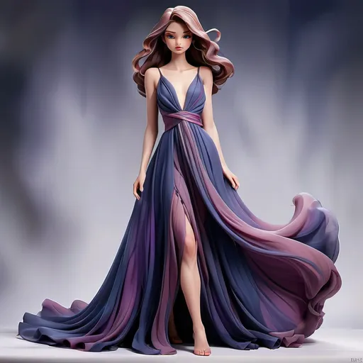 Prompt: A flowing gown in rich shades of deep blue and purple cascades gracefully, its fabric elegantly draping and sweeping across an indistinct background that adds a dreamy, ethereal quality to the scene. Soft, blended colors create a sense of movement, as the gown appears to flutter or swirl gently, emphasizing its delicate texture. The use of light and shadow gives depth, highlighting the gentle curves of the fabric and the contours of the silhouette, while a subtle, misty atmosphere enhances the overall mood of sophistication and allure. This composition captures a moment of grace and elegance, inviting the viewer to imagine the enchanting setting in which this beautiful gown is showcased.