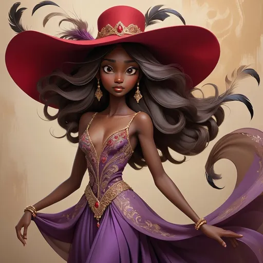 Prompt: A regal dark skin figure adorned in a flowing purple gown stands elegantly against a muted brown backdrop, capturing the viewer’s attention with her striking silhouette. Her long, dark hair cascades gracefully down her back, adorned with a large, eye-catching red hat that features playful, swirling decorations, and feathers, evoking a sense of whimsy. The intricacies of her attire are accentuated by delicate golden patterns and jewelry, lending an air of sophistication to her character. Soft brush strokes create an ethereal quality to the background, enhancing the dreamlike essence of the scene while emphasizing the character's poised demeanor. The overall composition conveys a mood of enchanting elegance, inviting viewers to imagine her story and the world she inhabits.