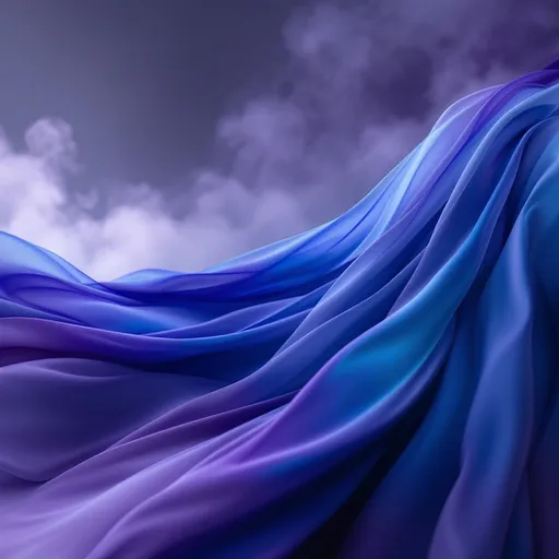 Prompt: A flowing gown in rich shades of deep blue and purple cascades gracefully, its fabric elegantly draping and sweeping across an indistinct background that adds a dreamy, ethereal quality to the scene. Soft, blended colors create a sense of movement, as the gown appears to flutter or swirl gently, emphasizing its delicate texture. The use of light and shadow gives depth, highlighting the gentle curves of the fabric and the contours of the silhouette, while a subtle, misty atmosphere enhances the overall mood of sophistication and allure. This composition captures a moment of grace and elegance, inviting the viewer to imagine the enchanting setting in which this beautiful gown is showcased.