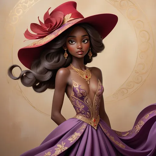Prompt: A regal dark skin figure adorned in a flowing purple gown stands elegantly against a muted brown backdrop, capturing the viewer’s attention with her striking silhouette. Her long, dark hair cascades gracefully down her back, adorned with a large, eye-catching red hat that features playful, swirling decorations, evoking a sense of whimsy. The intricacies of her attire are accentuated by delicate golden patterns and jewelry, lending an air of sophistication to her character. Soft brush strokes create an ethereal quality to the background, enhancing the dreamlike essence of the scene while emphasizing the character's poised demeanor. The overall composition conveys a mood of enchanting elegance, inviting viewers to imagine her story and the world she inhabits.