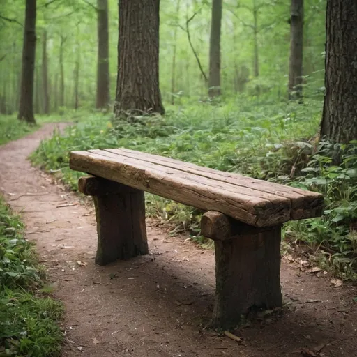 Prompt: a rustic wooden bench in the middle of the woods