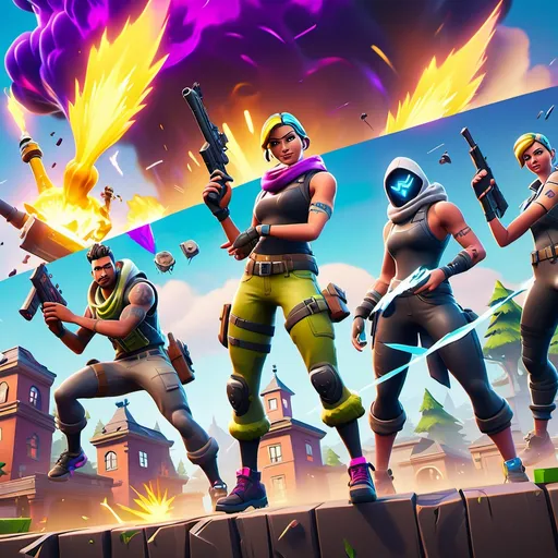 Prompt: Fortnite Thumbnail, vibrant colors, dynamic action scene, cartoonish characters in battle stance, dramatic lighting with energetic bursts, eye-catching fonts for titles, thrilling atmosphere, featuring iconic building elements, enhanced visual effects that emphasize adrenaline, 4K resolution, designed to attract gamer attention on platforms, bold and engaging design elements.