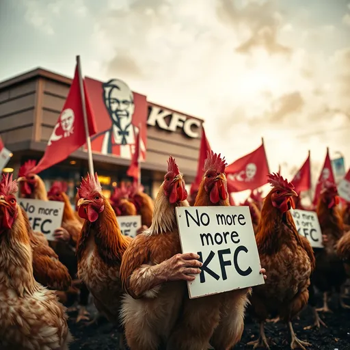 Prompt: A group of chickens protest in front of KFC holding a sign boards and flags saying 'No more KFC'. The chickens are all angry and the air is full of fire and smoke. Chickens have brought terror to every place