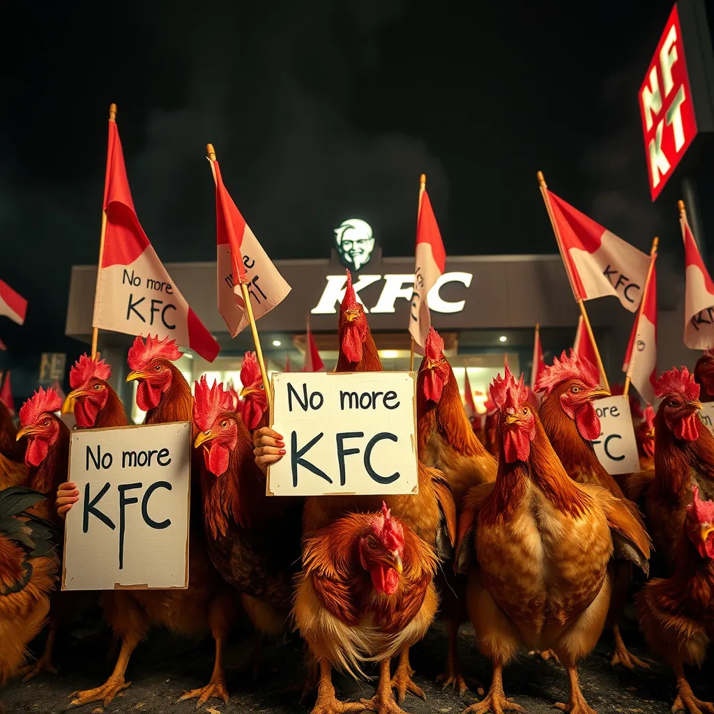 Prompt: A group of chickens protest in front of KFC holding a sign boards and flags saying 'No more KFC'. The chickens are all angry and the air is full of fire and smoke. Chickens have brought terror to every place