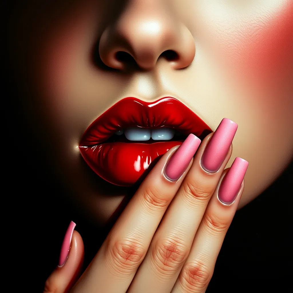 Prompt:  Queen of Hearts.  Prompt: A 4K glossy oil painting of a hispanic American woman's glossy red lips. A hand featuring long nails with the Queen of Hearts image print against a black background.  