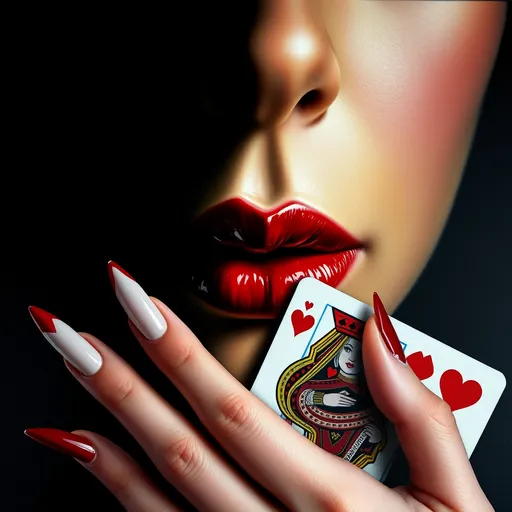 Prompt:  Queen of Hearts.  Prompt: A 4K glossy oil painting of a hispanic American woman's glossy red lips. A hand featuring long nails with the Queen of Hearts image print against a black background.  