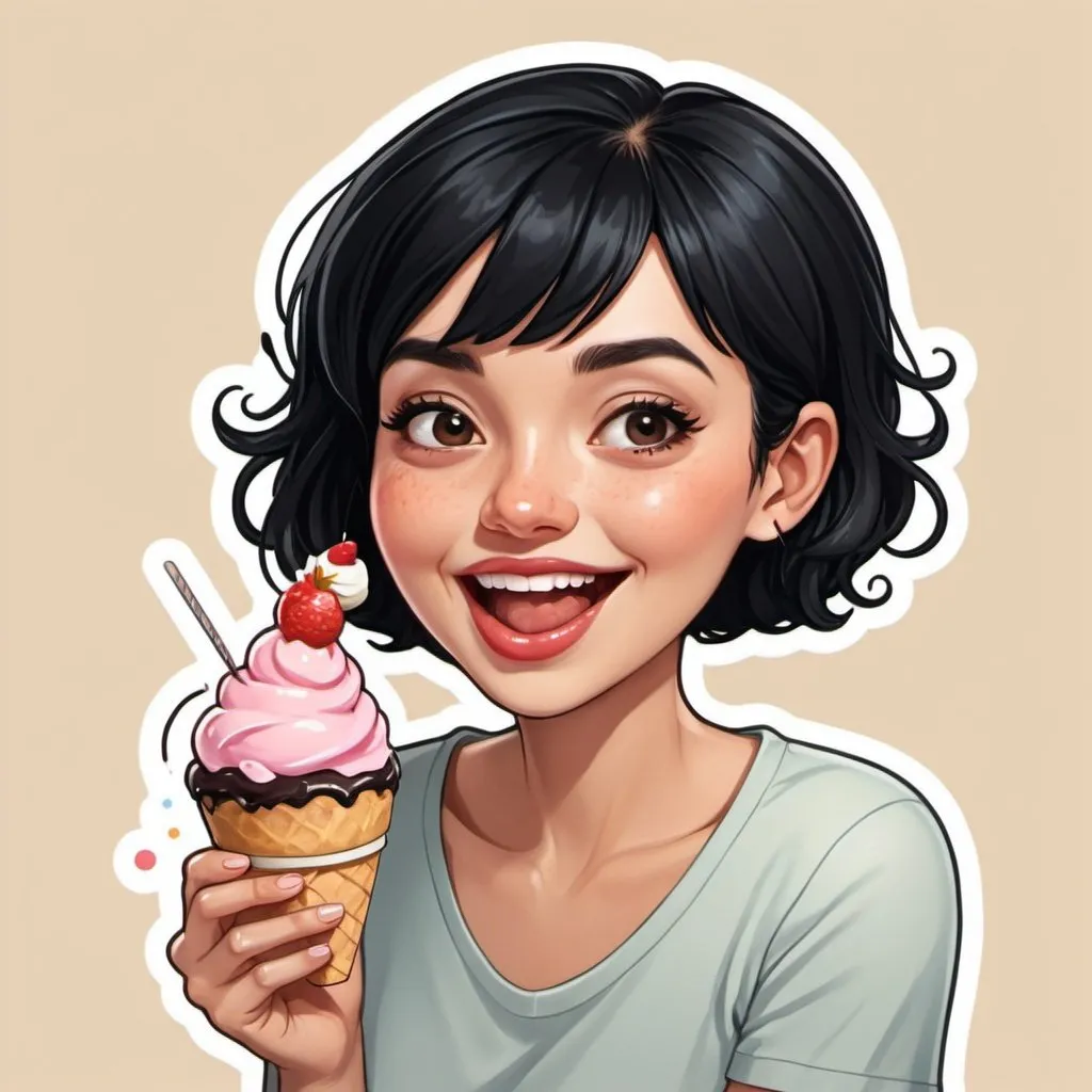 Prompt: a short black hair woman eating cake and ice-cream happily. png sticker background