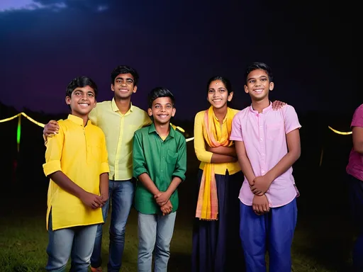 Prompt: Under the evening sky illuminated by colorful lights, a group of five young individuals stands together, exuding a sense of camaraderie and celebration. On the left, a boy in a vibrant yellow kurta and a pink scarf sports an enthusiastic smile, while the central figure, wearing a green shirt and adorned with a bold headband, projects a lively presence. Beside him, three girls are elegantly dressed, with one in a grey outfit, another in a white attire with delicate embroidery, and the last sporting a deep purple dress, all complemented by graceful headscarves. The dark background thrums with energy, hinting at a festive atmosphere, as the glow from distant lights contrasts with the night setting, enhancing the joyful expressions and the vibrant colors of their clothing. The photograph captures a moment of connection and cultural pride amidst the lively backdrop of an occasion likely marked by festivities.
