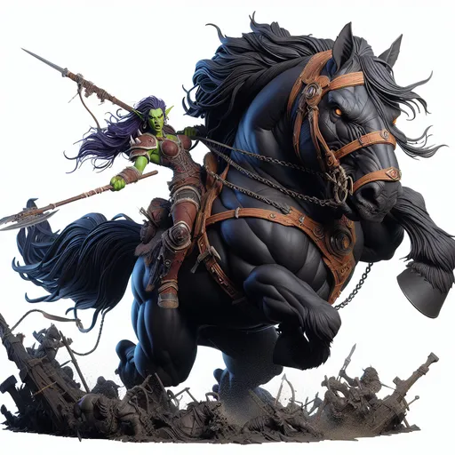 Prompt: beautiful female orc riding and whipping a gigantic colossal monstrous muscular angry bucking black shire horse in warcrafts artstyle