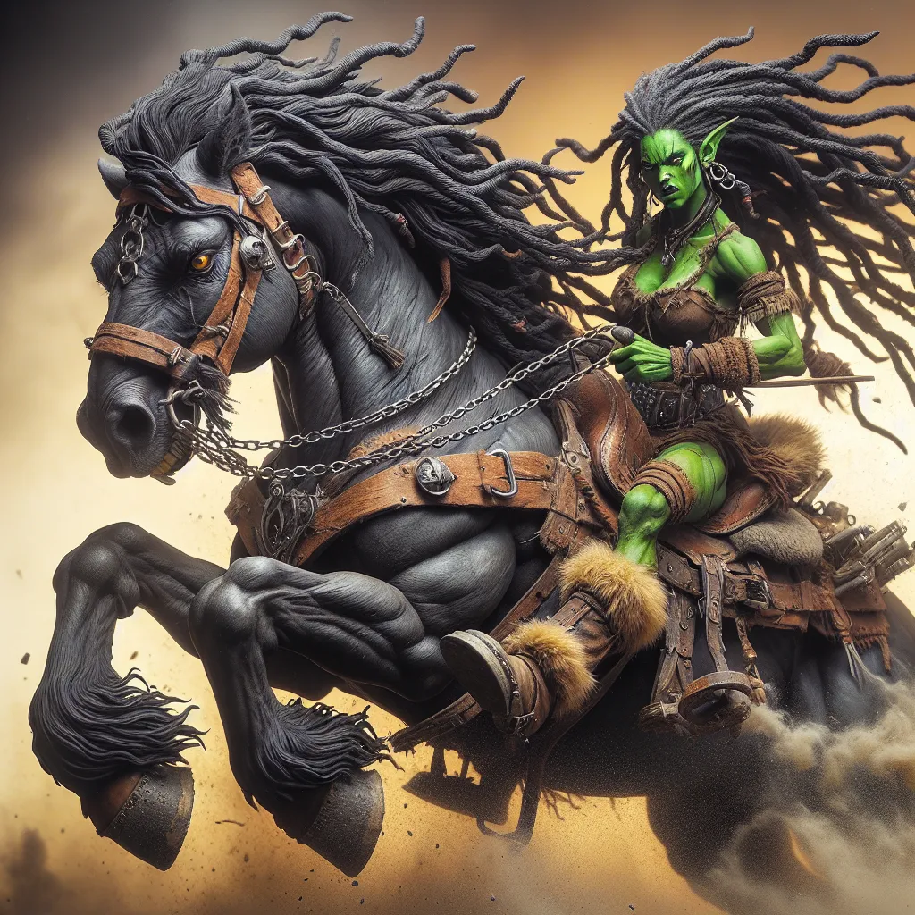 Prompt: Beautiful female orc cowgirl, green skin, striking black dreadlocks, riding a giant muscular wild black draft horse with similar dreadlocks, fur saddle, and iron chain reins, dynamic pose, fierce facial expression, the horse bucking and roaring ferociously, dramatic dust clouds, intense atmosphere, warm yet gritty tones, ultra-detailed, high definition, capturing a moment of wild strength and beauty in action.