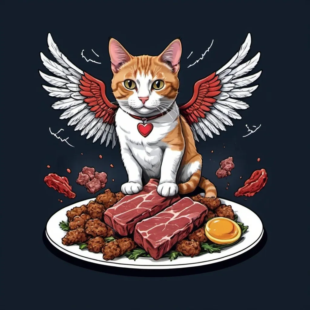 Prompt: Cat have wings fly while meat food, design  for a t shirt
