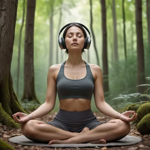 Prompt: crear una imagen de una mujer meditando en un bosque con unos audifonos puestos en su cabeza y que al lado se encuentre un gong y cuencos tibetanos con calidad de imagen 4k hiperealista