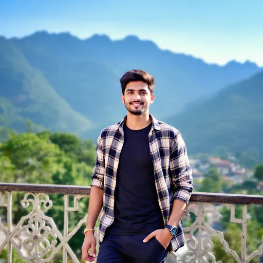 Prompt: With a stunning mountainous backdrop, a young man stands casually leaning against a decorative railing, framed by a clear blue sky. Dressed in a stylish plaid shirt over a dark tee and comfortable trousers, he exudes relaxed confidence, glancing toward the camera with a subtle smile. The scene captures a picturesque outdoor setting, likely in a hilly region, where green trees rise majestically behind him and the terraced houses dot the slopes below, adding depth to the composition. The warm natural light enhances the vibrant colors of his attire and the landscape, creating a serene and inviting atmosphere that speaks of adventure and exploration. This moment encapsulates a sense of leisure amidst the beauty of nature.