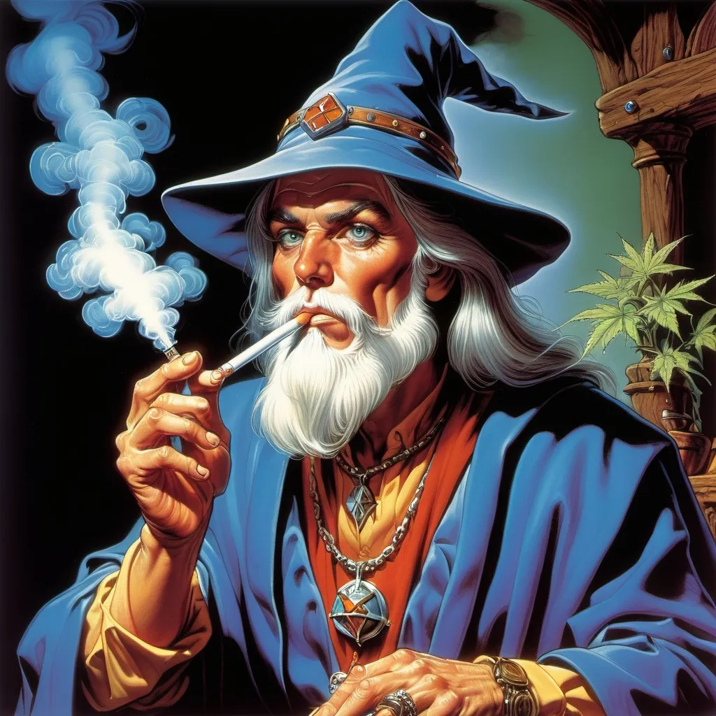 Prompt: D&D cleric smoking a Marihuana blunt.
in the styles of Clyde Caldwell, Larry Elmore, Jeff Easley, Keith Parkinson and Daniel R Horne.