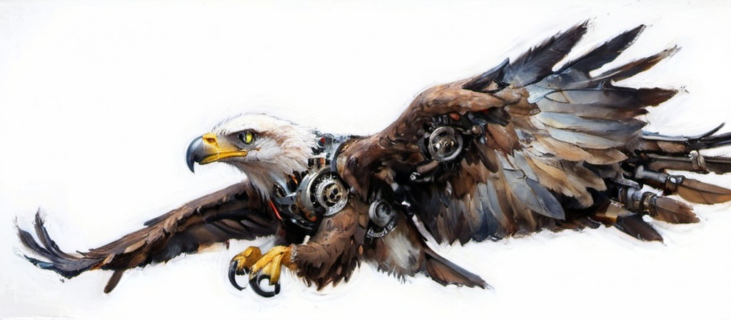 Prompt: A powerful and majestic eagle-like bird. The body is made of metal and gears. The body of the Eagle is made up of steam turbine components.